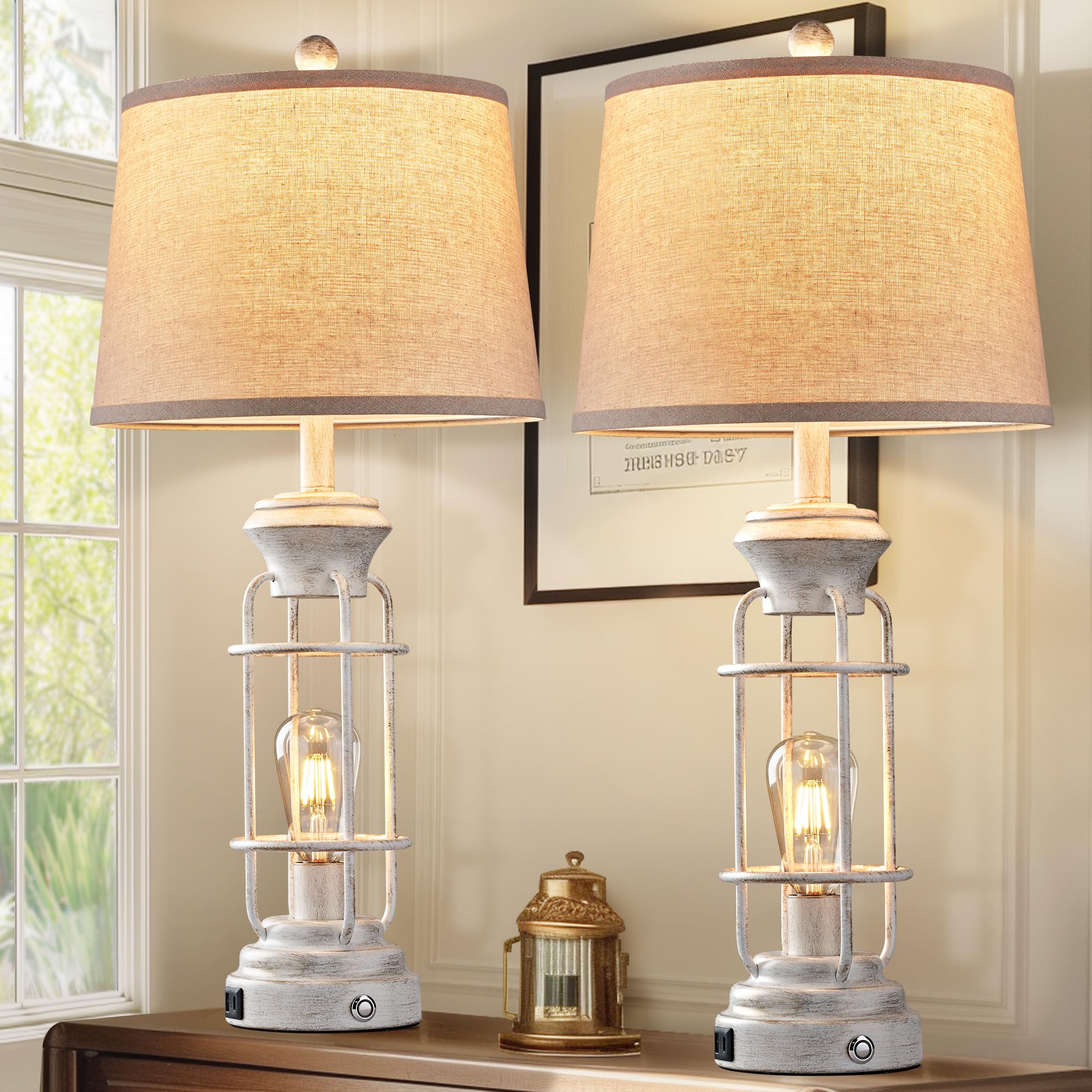 Black Table Lamps for Living Room Set of 2, 22.3" Farmhouse Lamps for Nightstand, Industrial Table Lamps for Bedroom with USB Ports, Bulbs Included