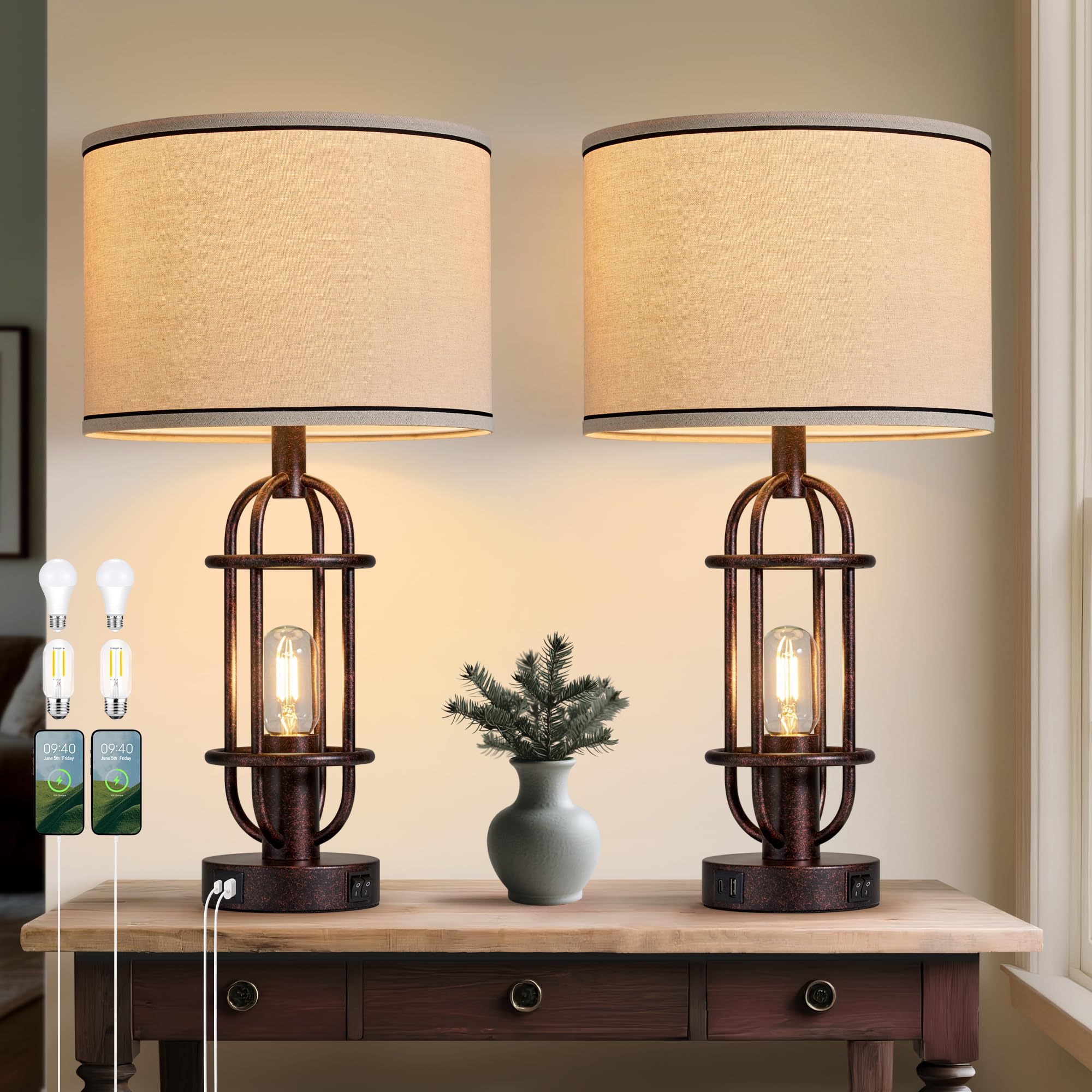 Black Table Lamps for Living Room Set of 2, 22.3" Farmhouse Lamps for Nightstand, Industrial Table Lamps for Bedroom with USB Ports, Bulbs Included