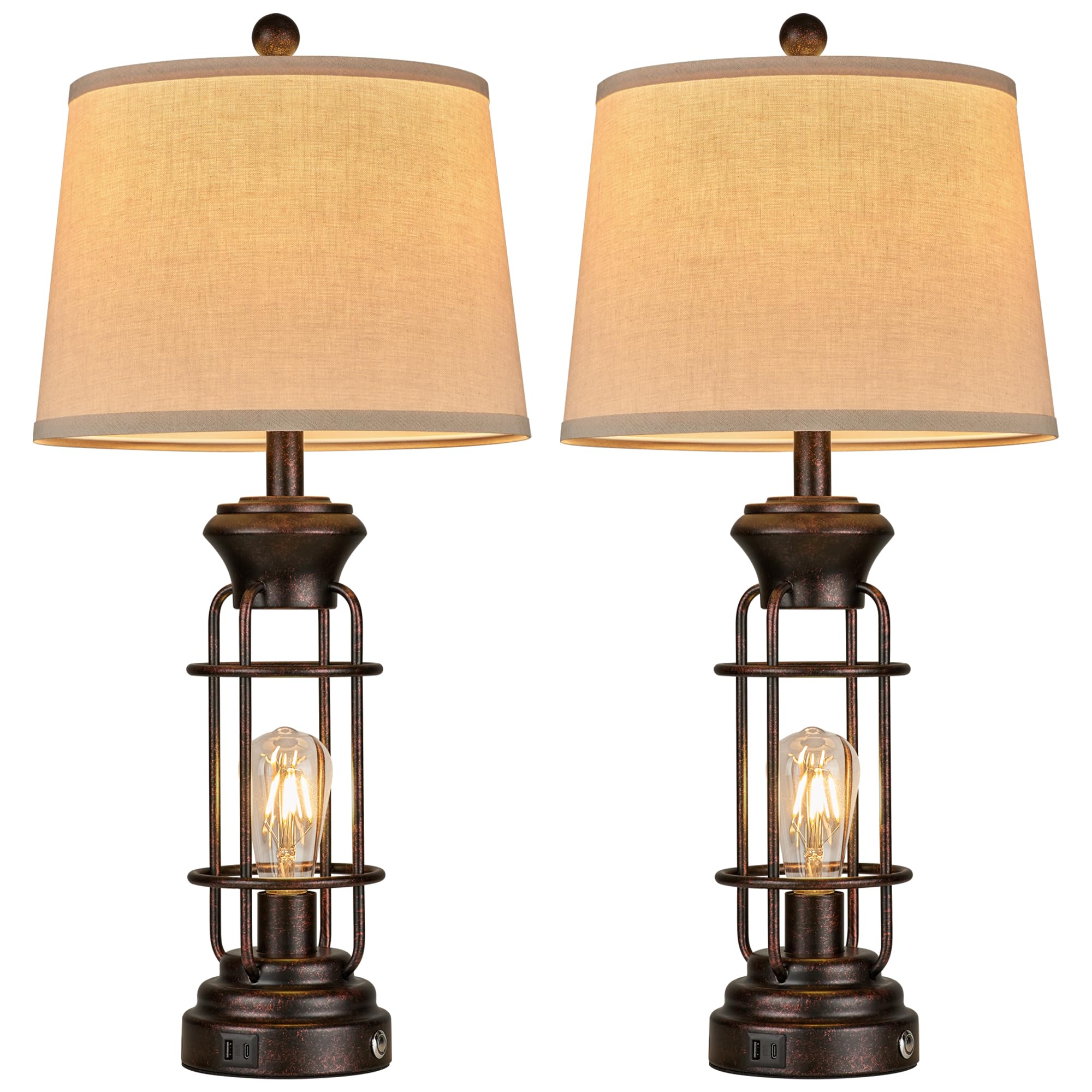 Black Table Lamps for Living Room Set of 2, 22.3" Farmhouse Lamps for Nightstand, Industrial Table Lamps for Bedroom with USB Ports, Bulbs Included