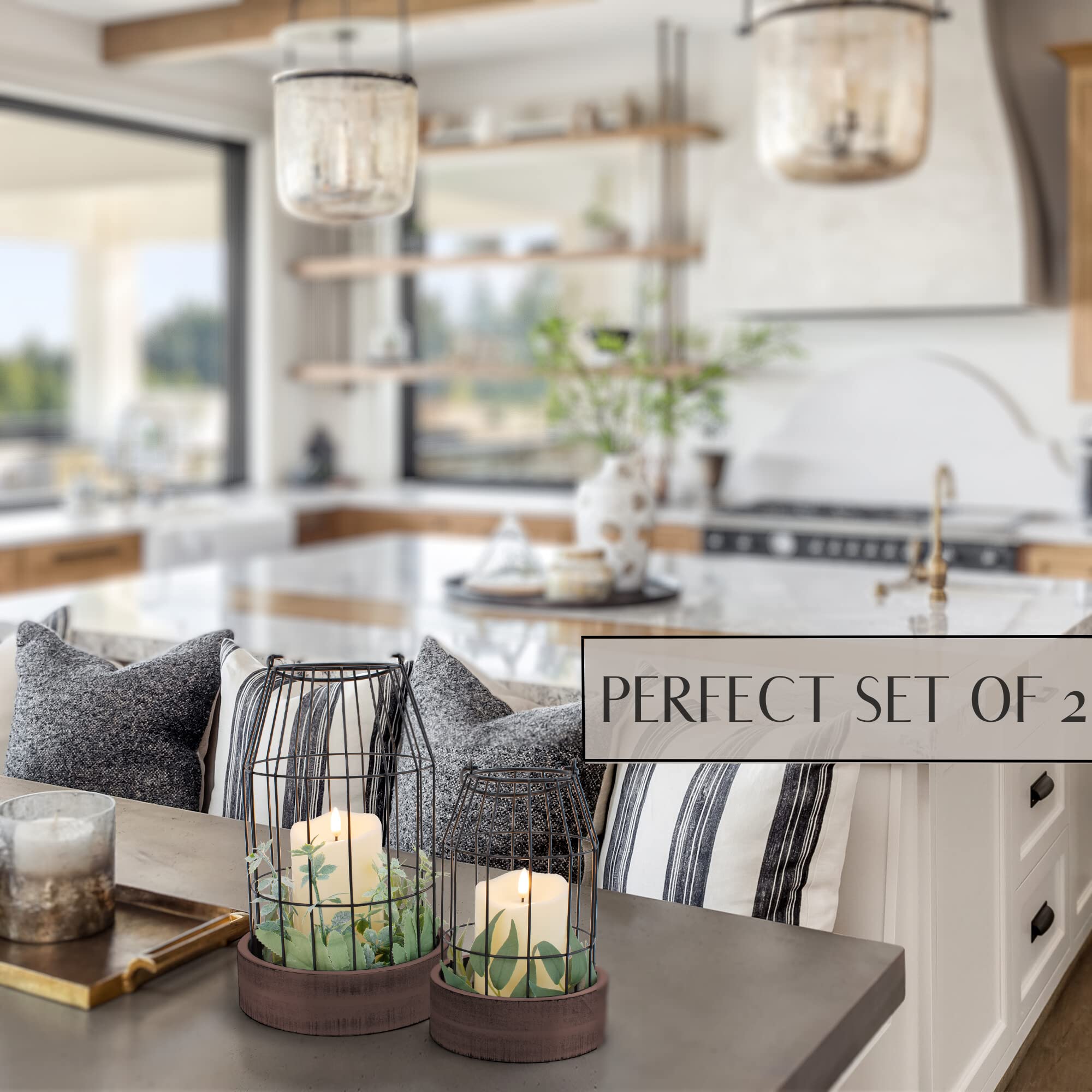 Rustic Farmhouse Lantern Decor Set of 2 - Stylish Decorative Lanterns for Your Living Room, Fireplace Mantle or Kitchen Dining Table - Modern Indoor/Outdoor Coffee Table Decor for Your Entire Home