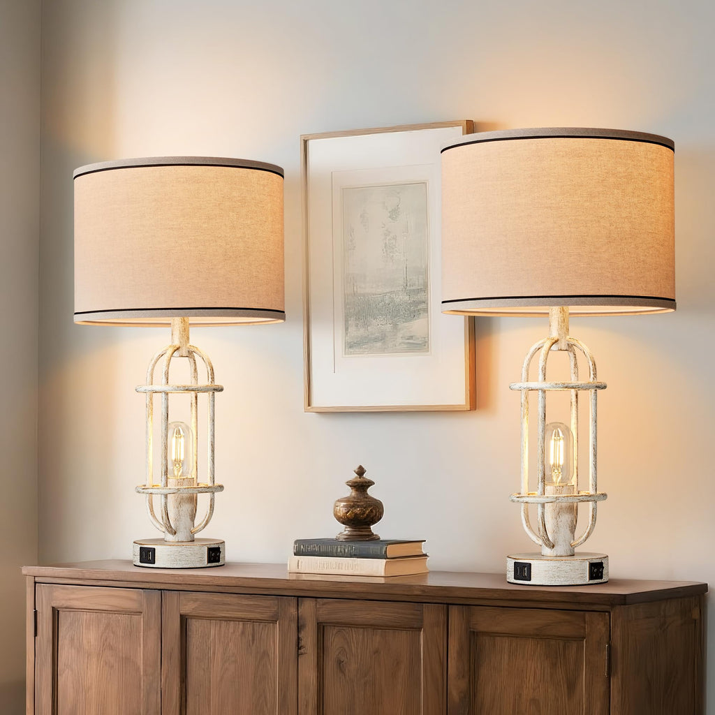 Black Table Lamps for Living Room Set of 2, 22.3" Farmhouse Lamps for Nightstand, Industrial Table Lamps for Bedroom with USB Ports, Bulbs Included