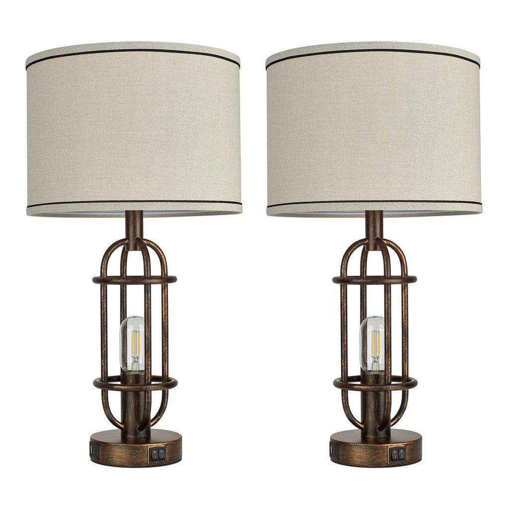 Black Table Lamps for Living Room Set of 2, 22.3" Farmhouse Lamps for Nightstand, Industrial Table Lamps for Bedroom with USB Ports, Bulbs Included
