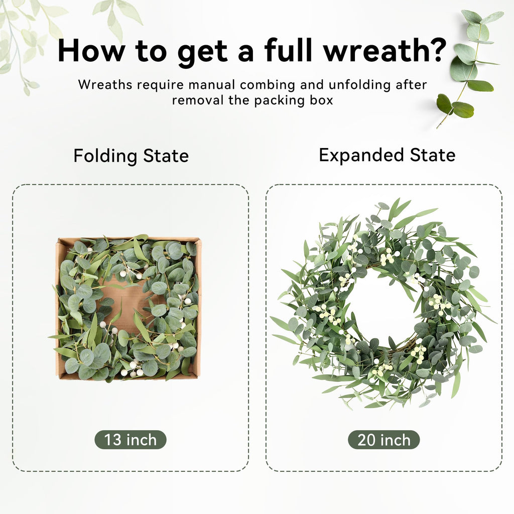 Pinkpum 20'' Eucalyptus Wreath for Front Door, Porch, Window - Green Decor for Home, Farmhouse - Spring, Summer, Fall, All Seasons