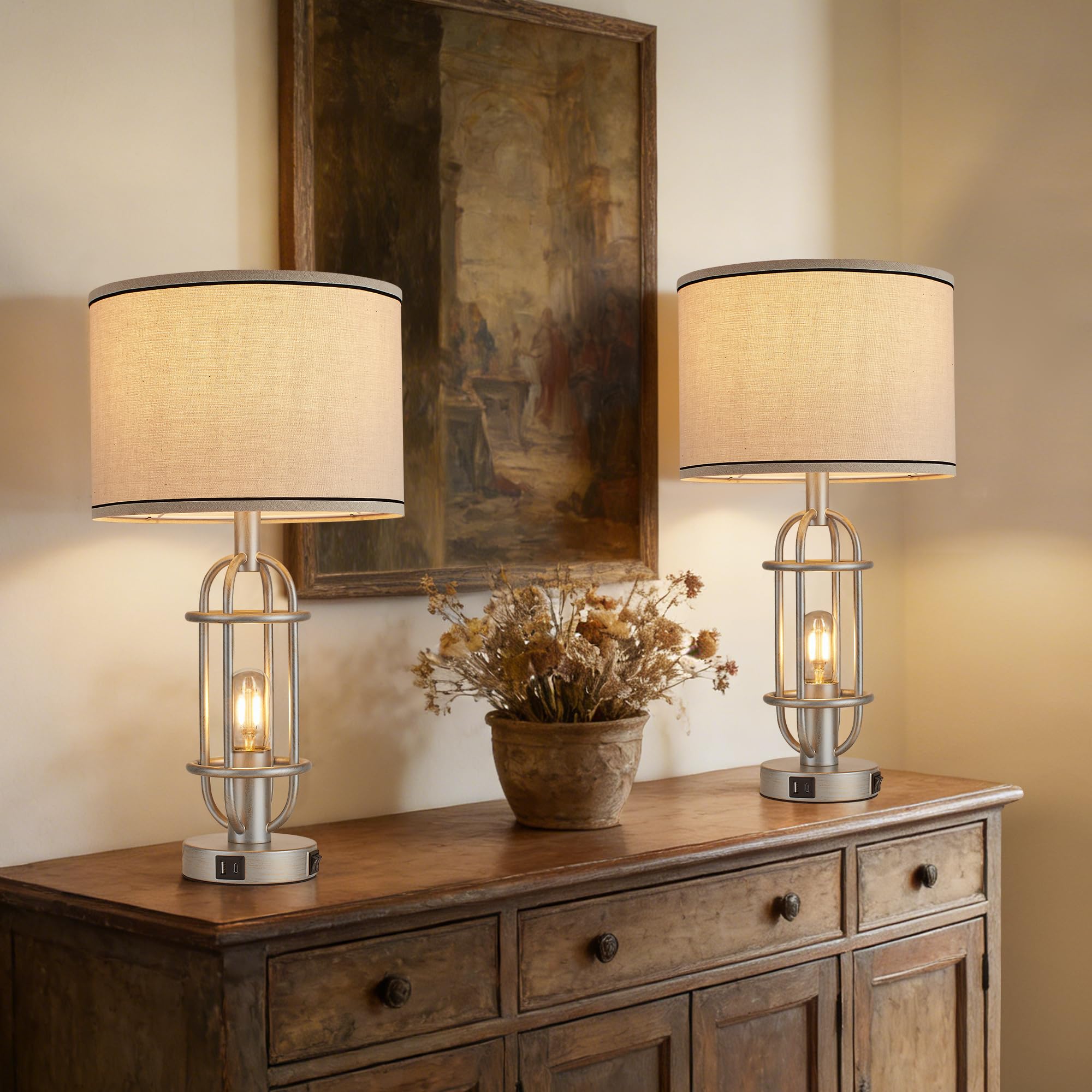 Black Table Lamps for Living Room Set of 2, 22.3" Farmhouse Lamps for Nightstand, Industrial Table Lamps for Bedroom with USB Ports, Bulbs Included