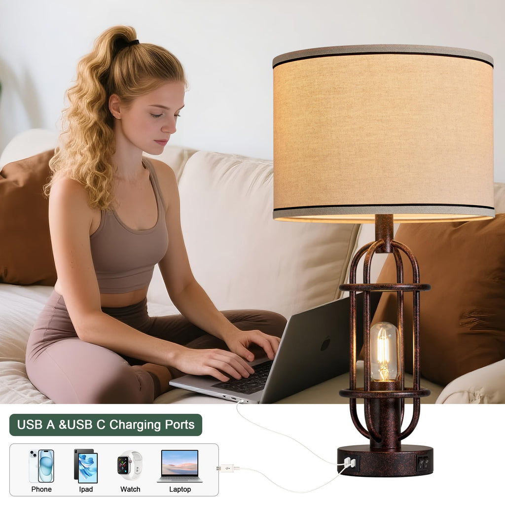 Black Table Lamps for Living Room Set of 2, 22.3" Farmhouse Lamps for Nightstand, Industrial Table Lamps for Bedroom with USB Ports, Bulbs Included