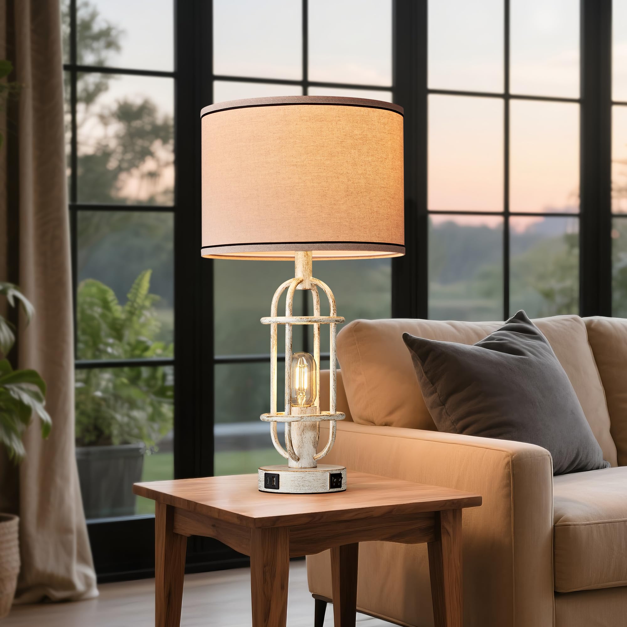 Black Table Lamps for Living Room Set of 2, 22.3" Farmhouse Lamps for Nightstand, Industrial Table Lamps for Bedroom with USB Ports, Bulbs Included