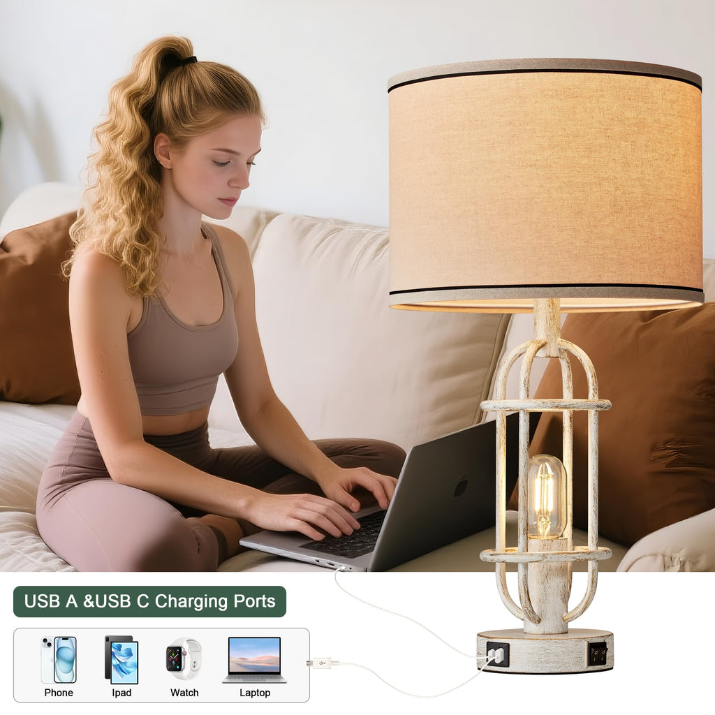Black Table Lamps for Living Room Set of 2, 22.3" Farmhouse Lamps for Nightstand, Industrial Table Lamps for Bedroom with USB Ports, Bulbs Included