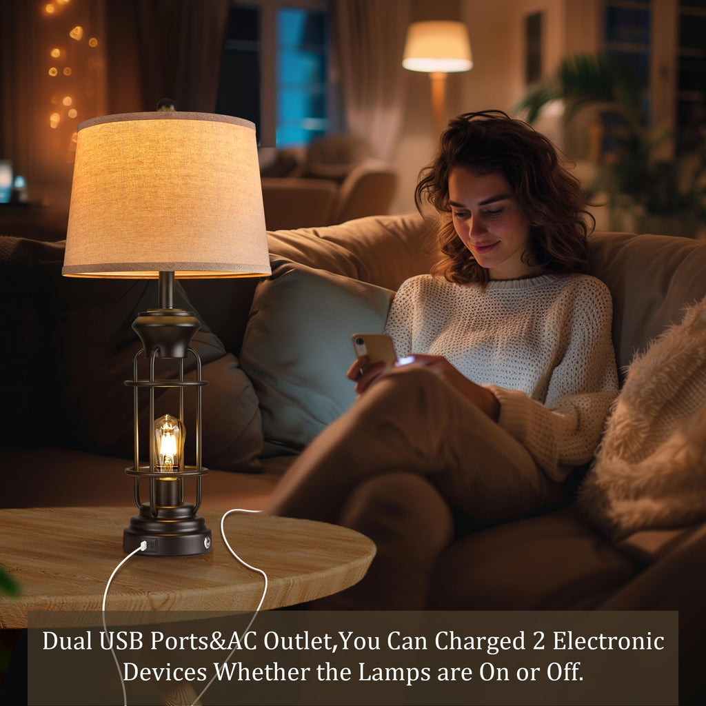 Black Table Lamps for Living Room Set of 2, 22.3" Farmhouse Lamps for Nightstand, Industrial Table Lamps for Bedroom with USB Ports, Bulbs Included