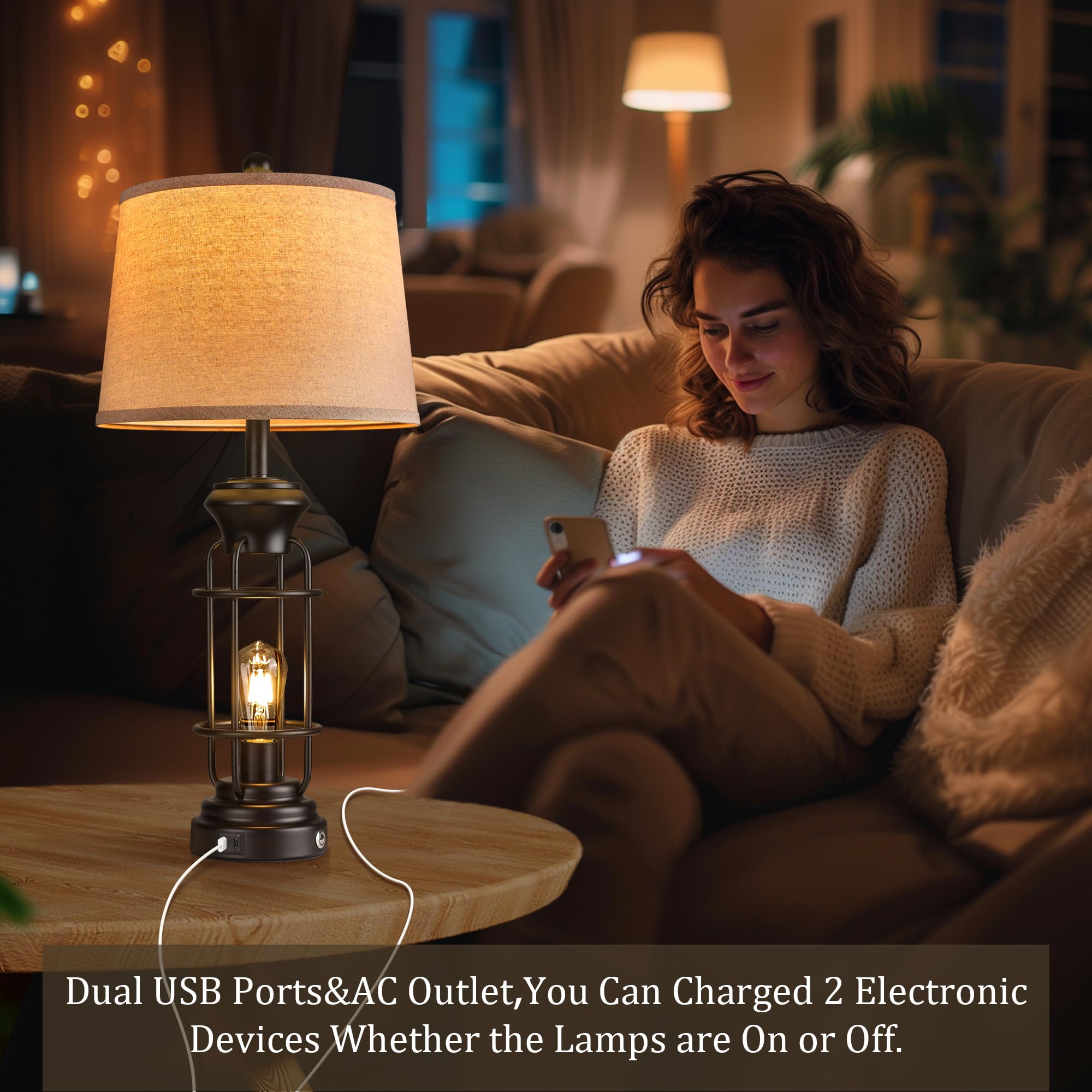 Black Table Lamps for Living Room Set of 2, 22.3" Farmhouse Lamps for Nightstand, Industrial Table Lamps for Bedroom with USB Ports, Bulbs Included