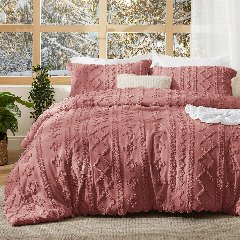 Bedsure Tufted Boho Comforter Set King Size - Beige Boho Bed Set, GentleSoft™ 3 Pieces Farmhouse Shabby Chic Embroidery Bedding, Gifts for Woman, Soft Jacquard King Comforter for All Seasons