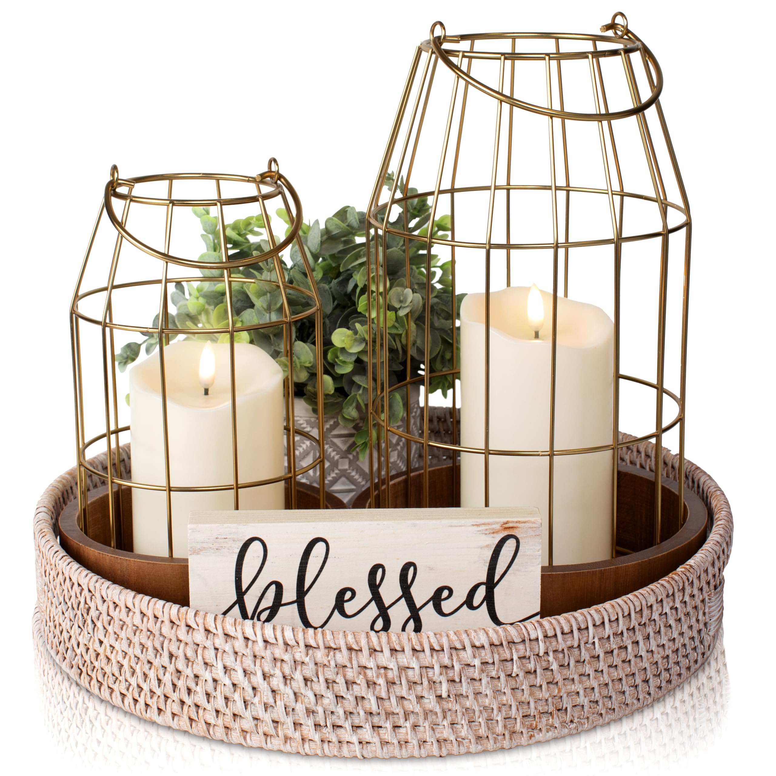 Rustic Farmhouse Lantern Decor Set of 2 - Stylish Decorative Lanterns for Your Living Room, Fireplace Mantle or Kitchen Dining Table - Modern Indoor/Outdoor Coffee Table Decor for Your Entire Home