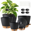 Self Watering Pots for Inoor Ourdoor Plants 8/7/6.5/6/5 Inch Plastic Planters with Drainage Holes & Water Level Indicator, Decorative House Flower Nursery Planting Pots with Saucers (Black)