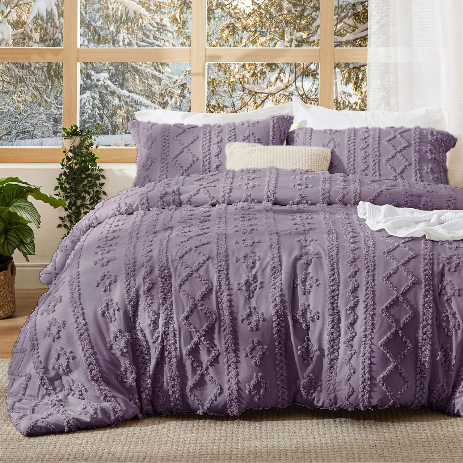 Bedsure Tufted Boho Comforter Set King Size - Beige Boho Bed Set, GentleSoft™ 3 Pieces Farmhouse Shabby Chic Embroidery Bedding, Gifts for Woman, Soft Jacquard King Comforter for All Seasons