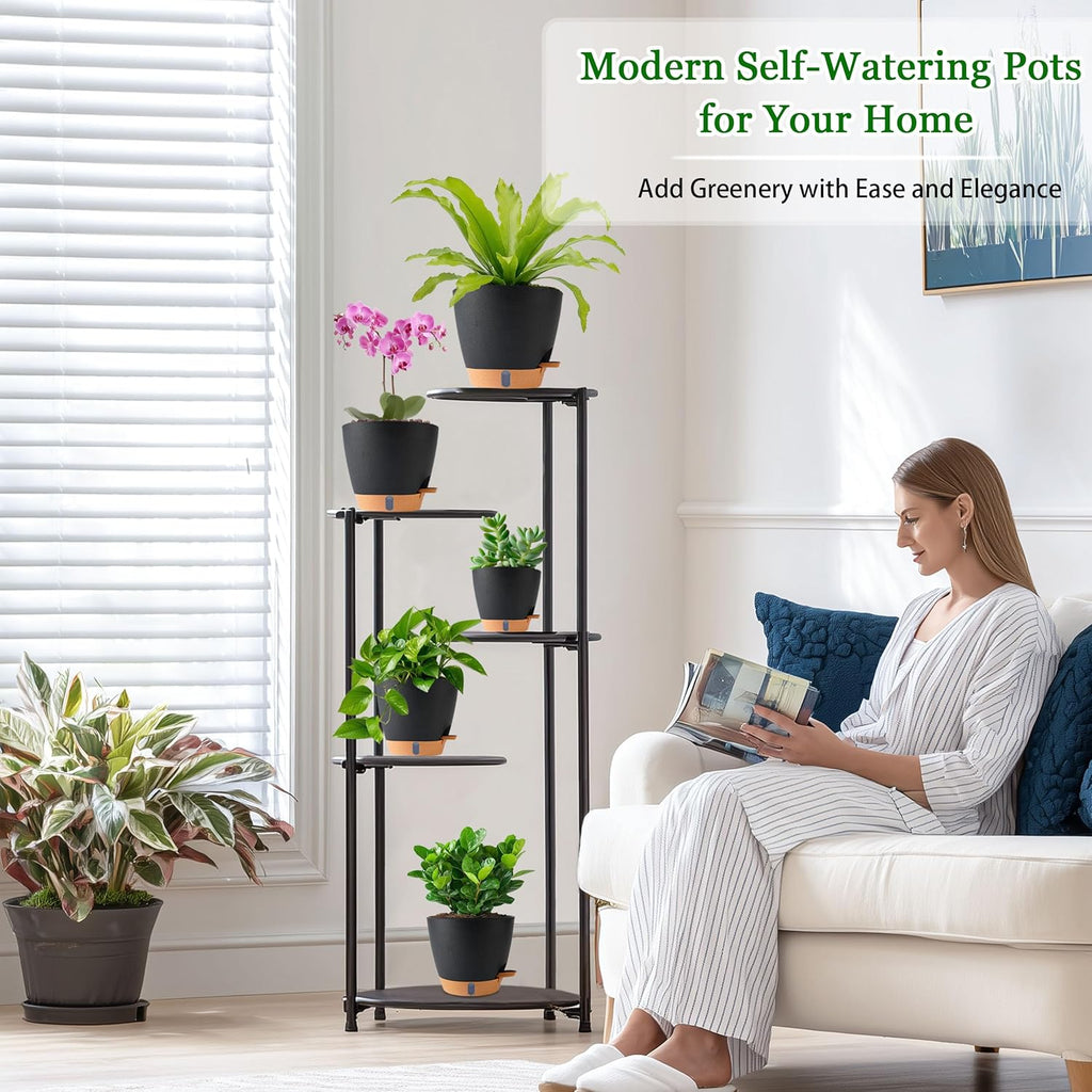 Self Watering Pots for Inoor Ourdoor Plants 8/7/6.5/6/5 Inch Plastic Planters with Drainage Holes & Water Level Indicator, Decorative House Flower Nursery Planting Pots with Saucers (Black)