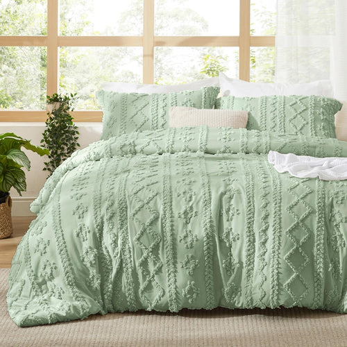 Bedsure Tufted Boho Comforter Set King Size - Beige Boho Bed Set, GentleSoft™ 3 Pieces Farmhouse Shabby Chic Embroidery Bedding, Gifts for Woman, Soft Jacquard King Comforter for All Seasons