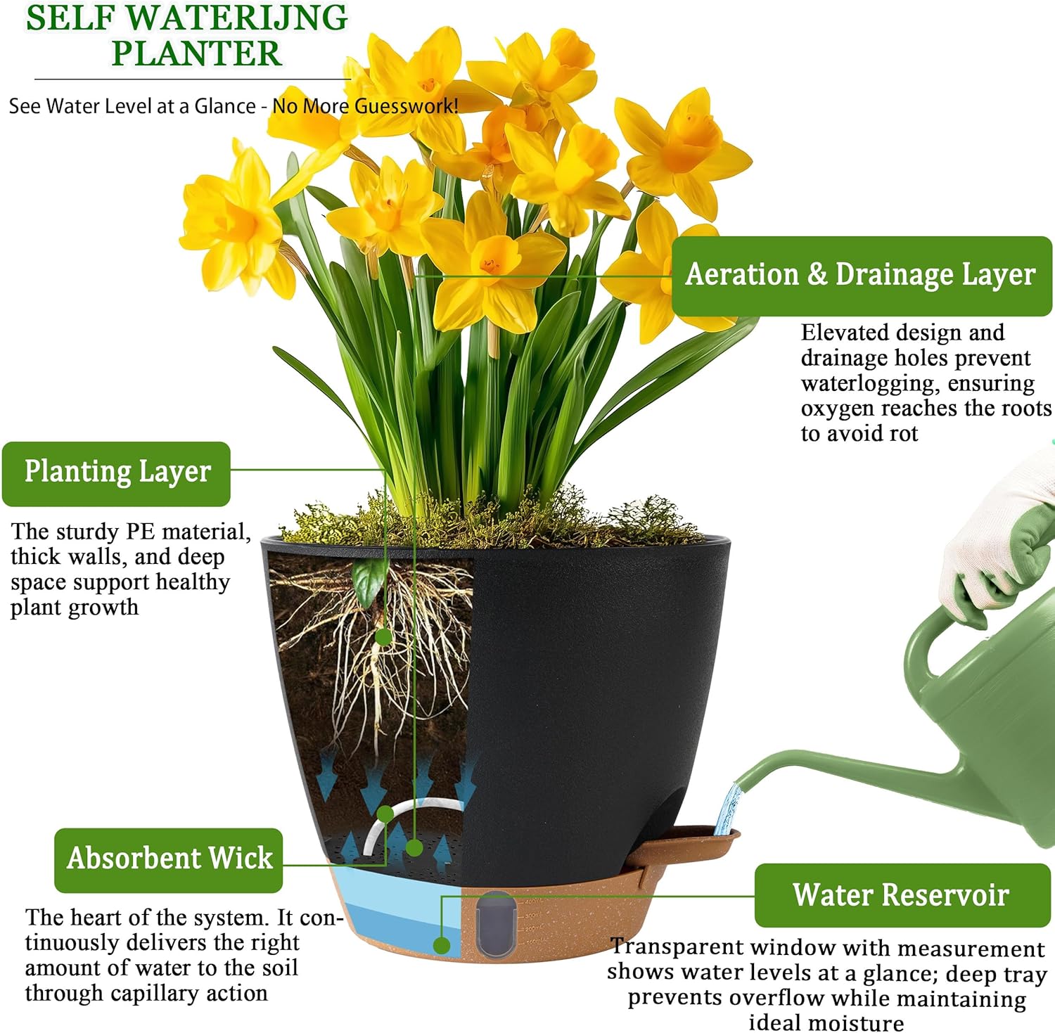 Self Watering Pots for Inoor Ourdoor Plants 8/7/6.5/6/5 Inch Plastic Planters with Drainage Holes & Water Level Indicator, Decorative House Flower Nursery Planting Pots with Saucers (Black)
