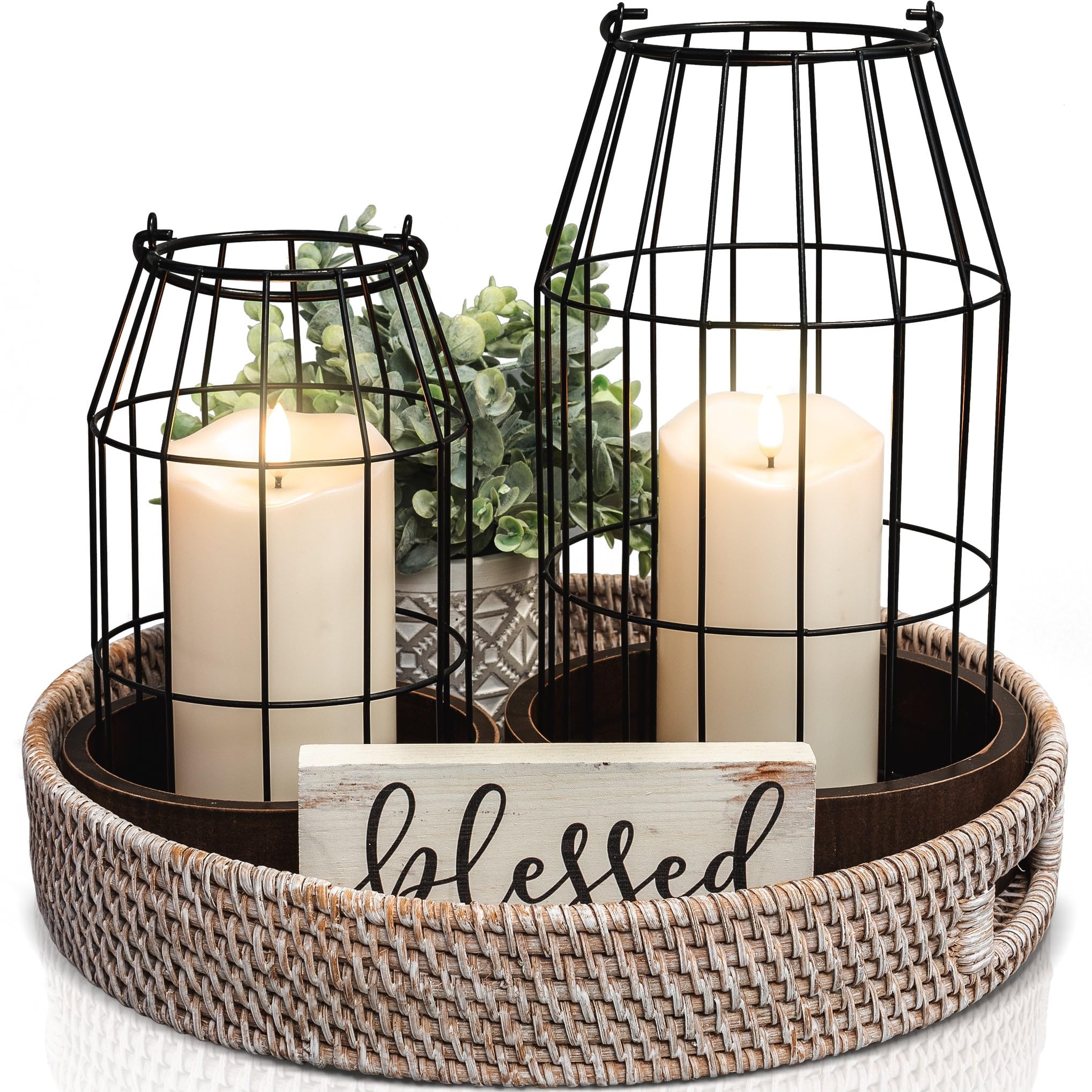 Rustic Farmhouse Lantern Decor Set of 2 - Stylish Decorative Lanterns for Your Living Room, Fireplace Mantle or Kitchen Dining Table - Modern Indoor/Outdoor Coffee Table Decor for Your Entire Home
